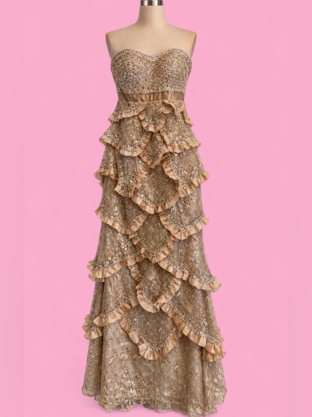 Vintage Claire’s Collection Champagne Beaded Ruffle Pageant Gown – Size 0–2